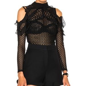 Self-Portrait Top Size 6 Black Sheer Ruffle Lace Long Sleeve